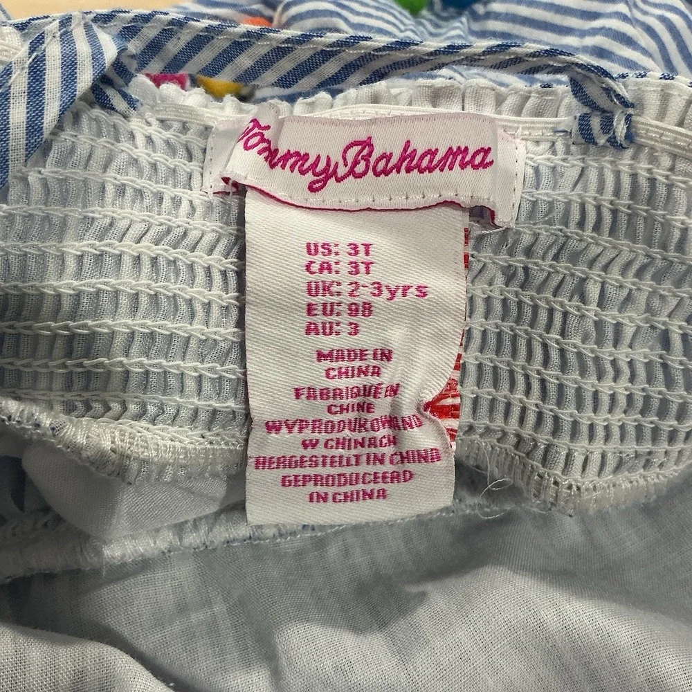 Tommy Bahama Girls Size 3T Dress Blue White Stripe Pom Pom Tiered Beach Vacation